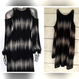 Zara Black & Ivory Abstract Chevron Zig Zag Cold Shoulder Vicose L/S Dre…